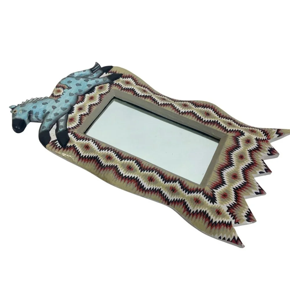 Folk Art Hand Carved Horse Mirror Wood Frame Southwestern Primitive Colorful